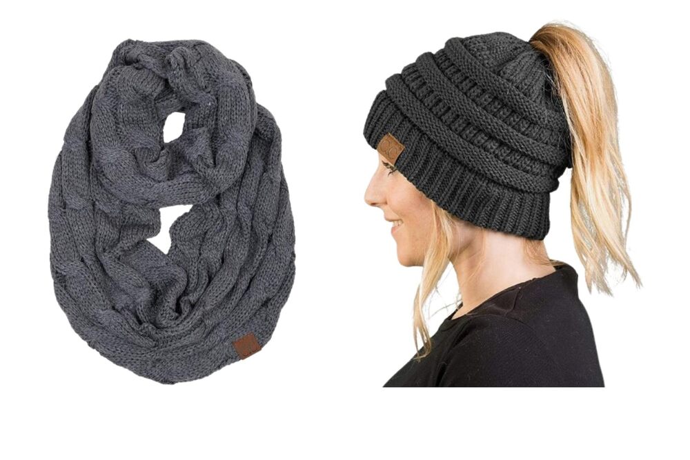 4646 Matching 2 Pack Ponytail Beanie & Infinity Scarf - Charcoal
